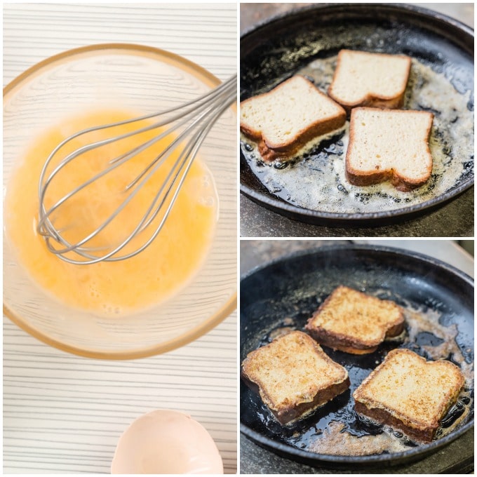 step by step how to make french toast: beat eggs, add milk, whisk, soak, fry