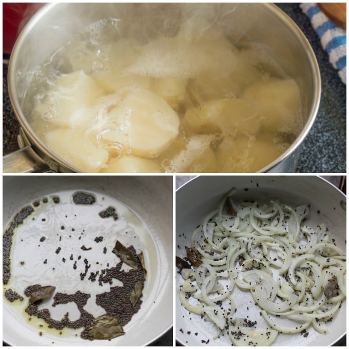 Collage: 1 boiling potatoes, 2 pan of spices, 3 onions added.