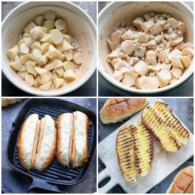 Step by step photos for how to make vegan lobster roll. Add hearts of palm to dressing and gently mix. Toast long rolls.