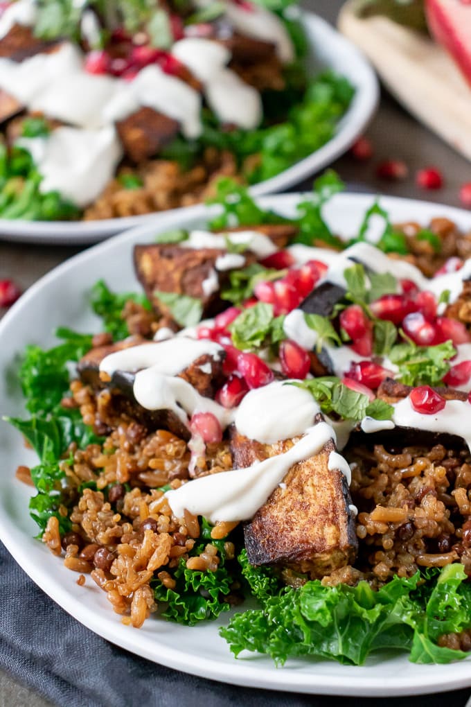 Close up of a plate of Persian Eggplant Salad with grains, tahini dressing, roasted aubergine and pomegranate seeds