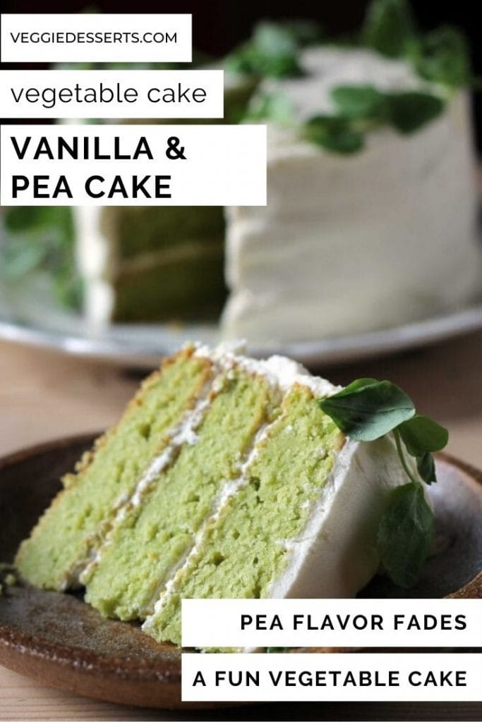A slice of vanilla pea cake with lemon frosting, with text overlay on image.