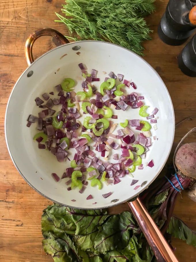 Pan with onion and celery cooking