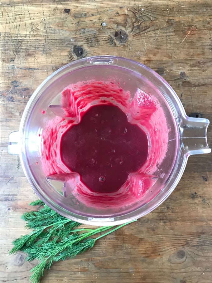 Pureed beet soup in blender.