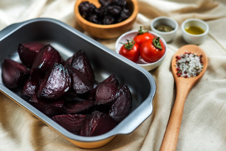 Beets roasted in a tray