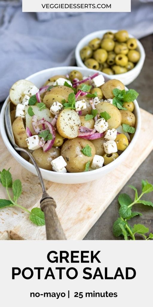 potato salad in a bowl with text overlay for pinterest