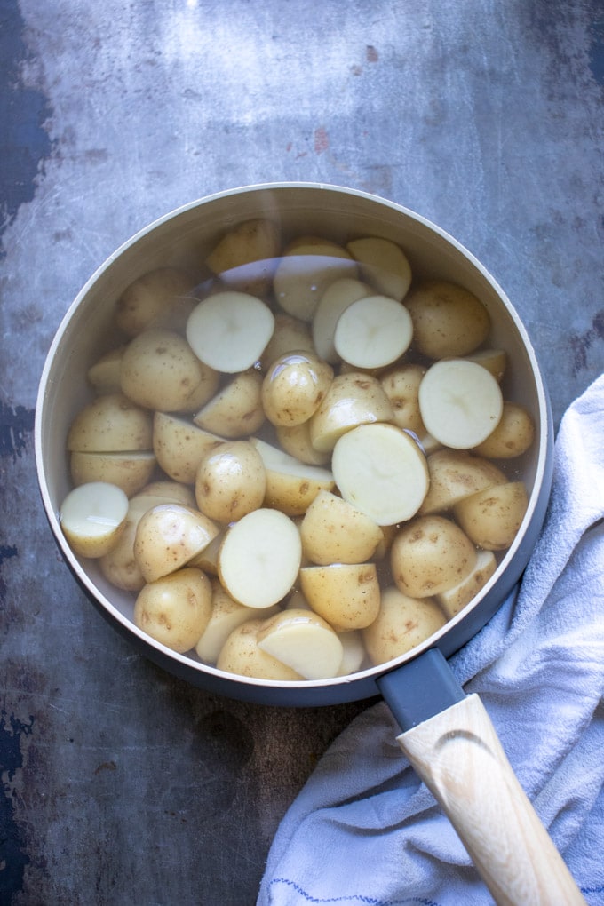 Boiled potatoes in a pot.