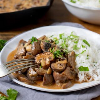 plate of mushroom stroganoff with rice.