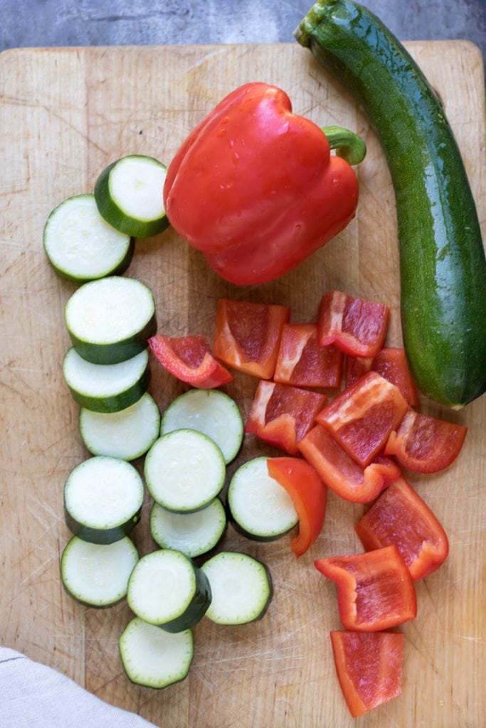 Chopped zucchini and bell peppers.