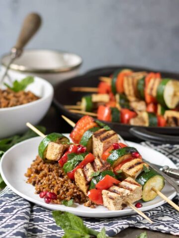 Persian vegetable tofu skewers on a plate with rice.