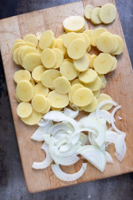 sliced potatoes and onions.