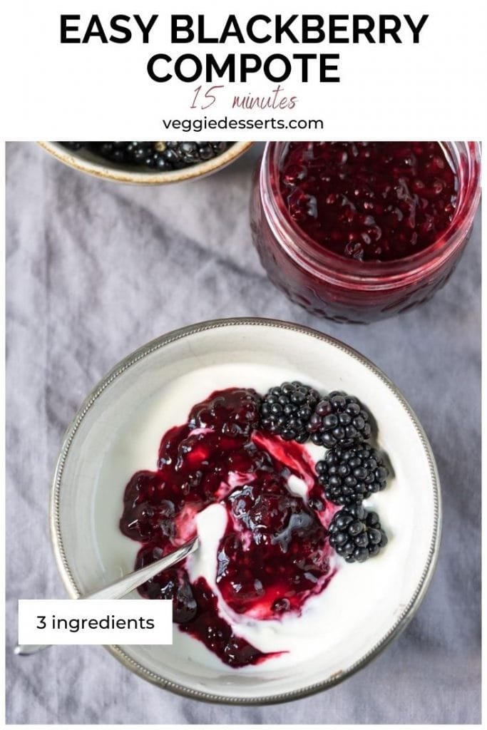 Compote and yogurt in a bowl. Text overlay for pinterest.