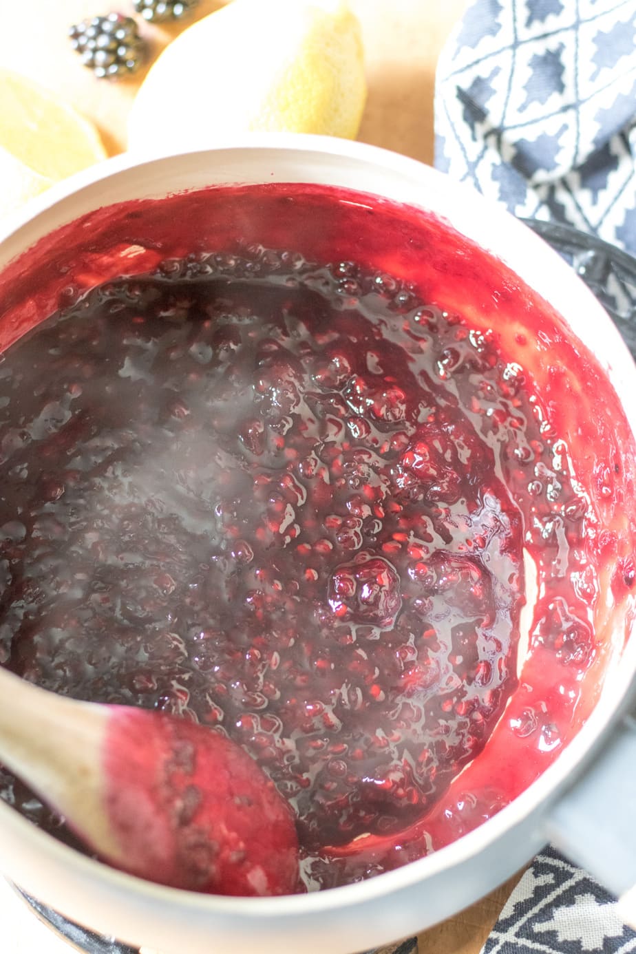 Pot of blackberry compote.