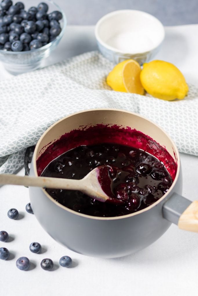Pot of blueberry compote.