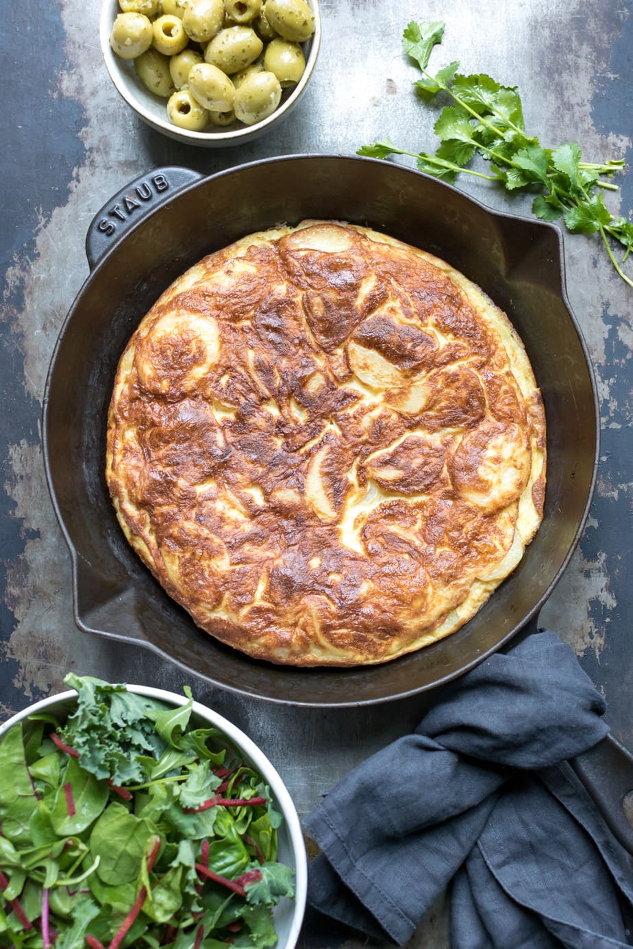 Skillet with potato omelette.
