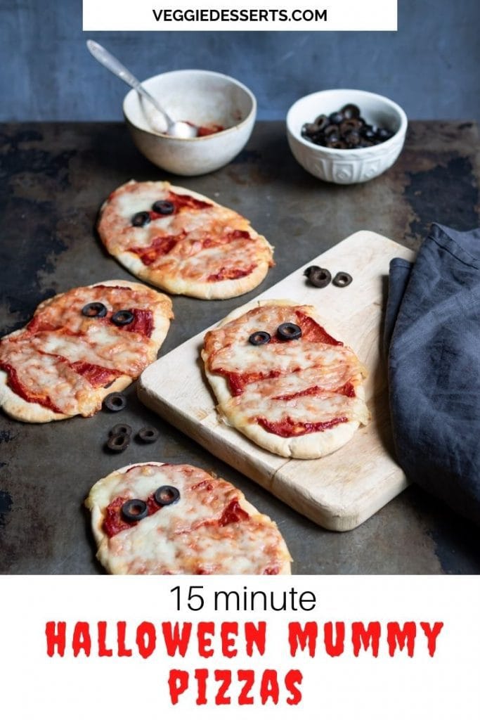 Pita pizzas decorated like mummies with text that says 15 minute Halloween Mummy Pizzas.