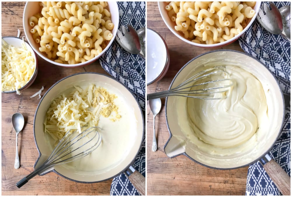 Collage: Image 1 is cheese in a white sauce. Image 2 is a cheese sauce.
