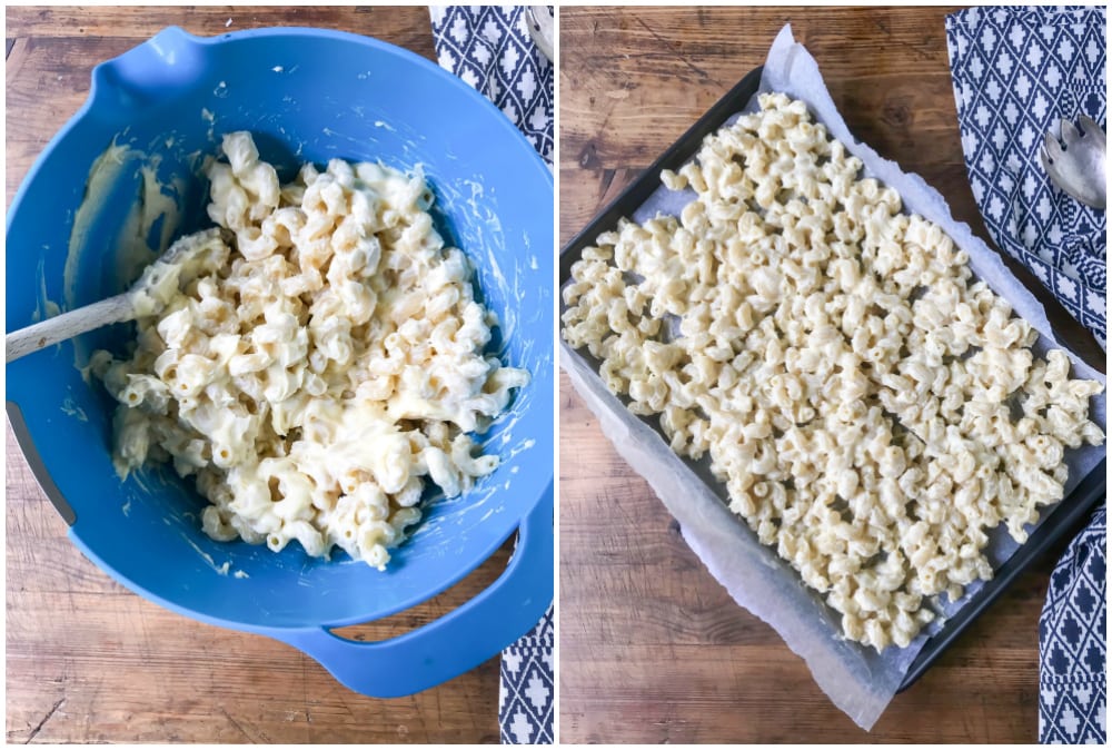 Collage: 1 is mac and cheese in a bowl. 2 is it spread on a baking sheet.