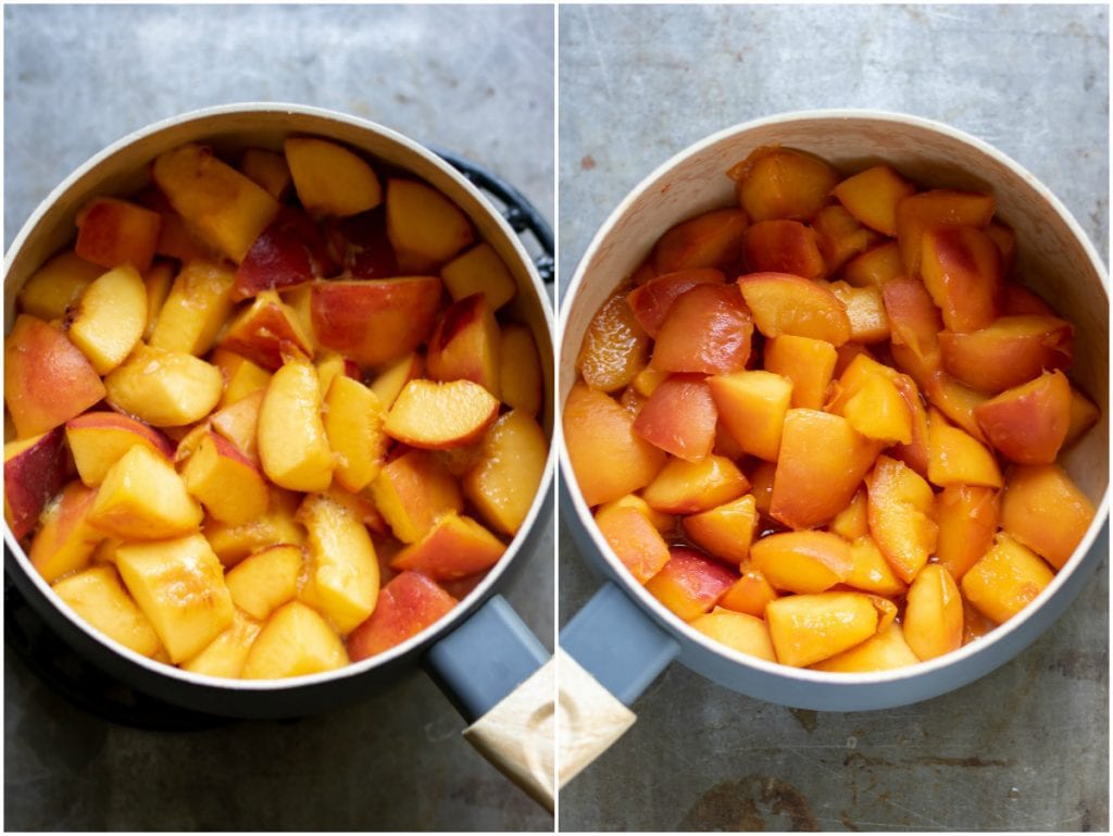 Collage with a pan of lightly cooked peaches and a pan of well cooked peaches.