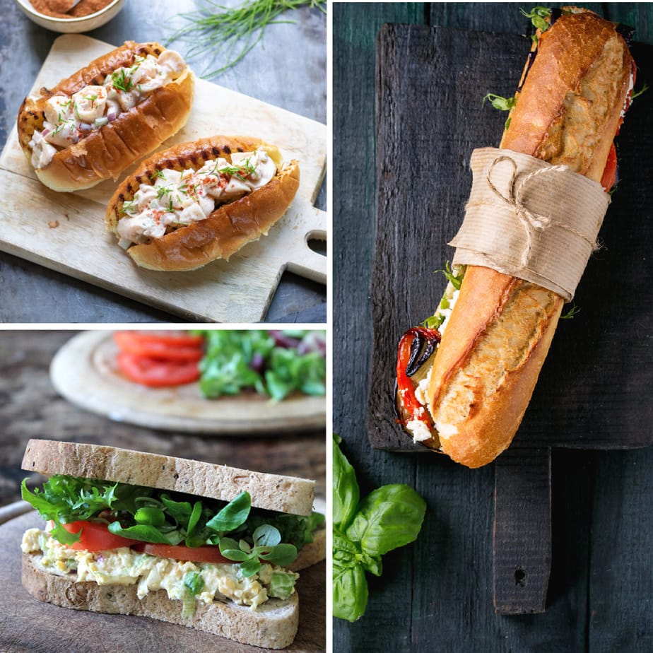 Collage of three sandwiches, vegan lobster rolls, veg baguette, vegan tuna salad.