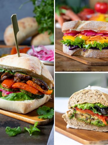 Collage of sandwiches - peruvian, rainbow and roasted veg.