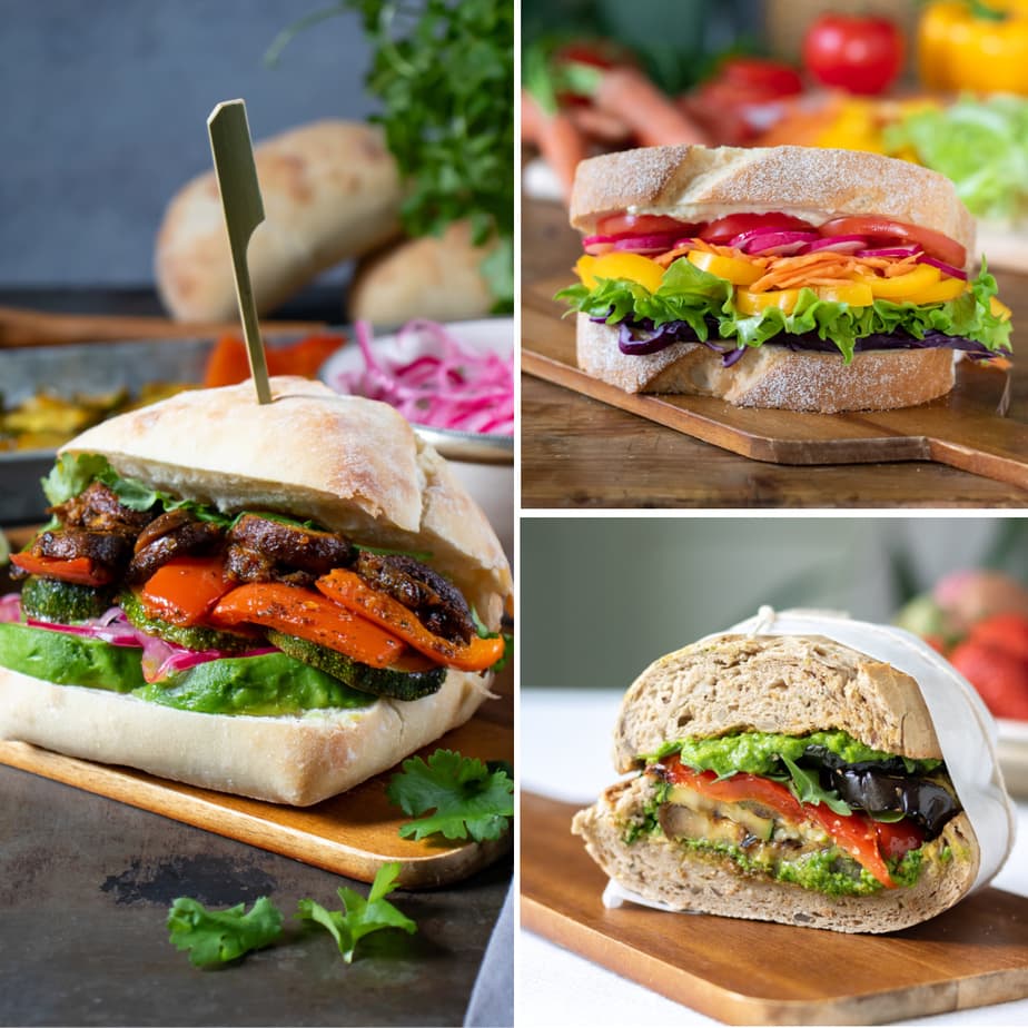 Collage of three vegan sandwiches.