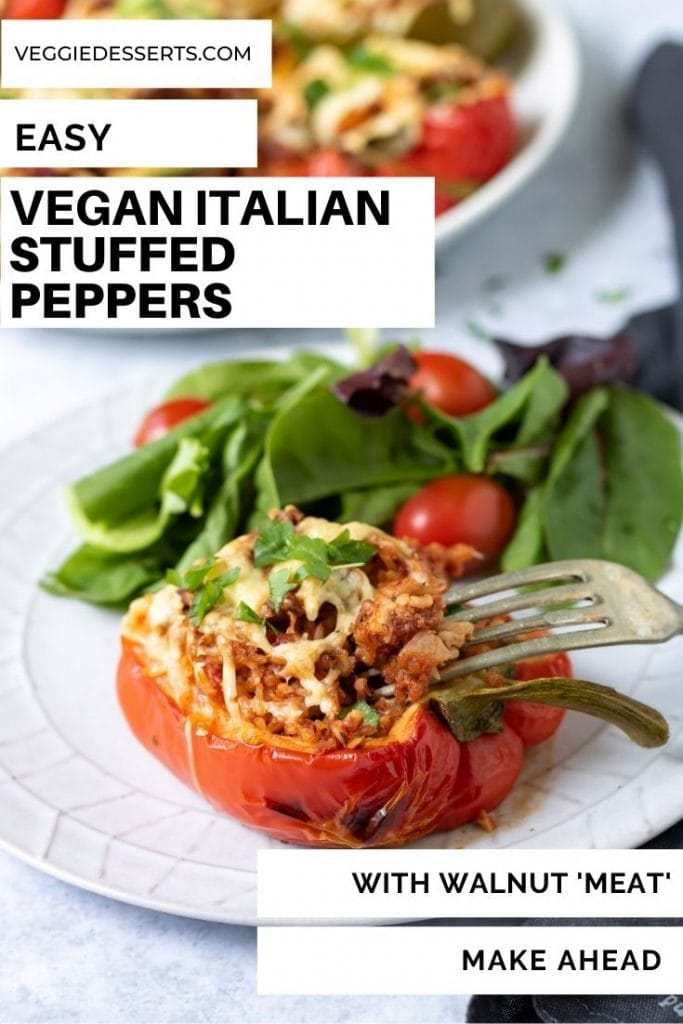 Plate with stuffed pepper and salad, with text reading Easy Vegan Italian Stuffed Peppers, with walnut meat, make ahead.