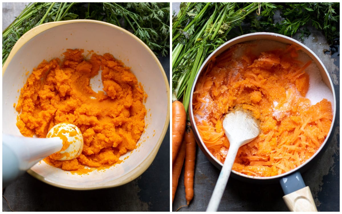 Collage, image 1 carrot in a bowl being pureed, image 2 carrot puree, grated carrot and sugar in a pot.
