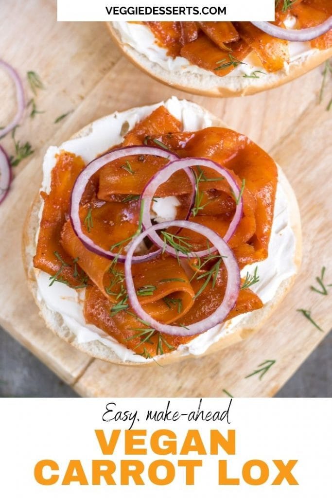 Bagel with vegan smoked salmon, text reads: easy make-ahead vegan carrot lox.