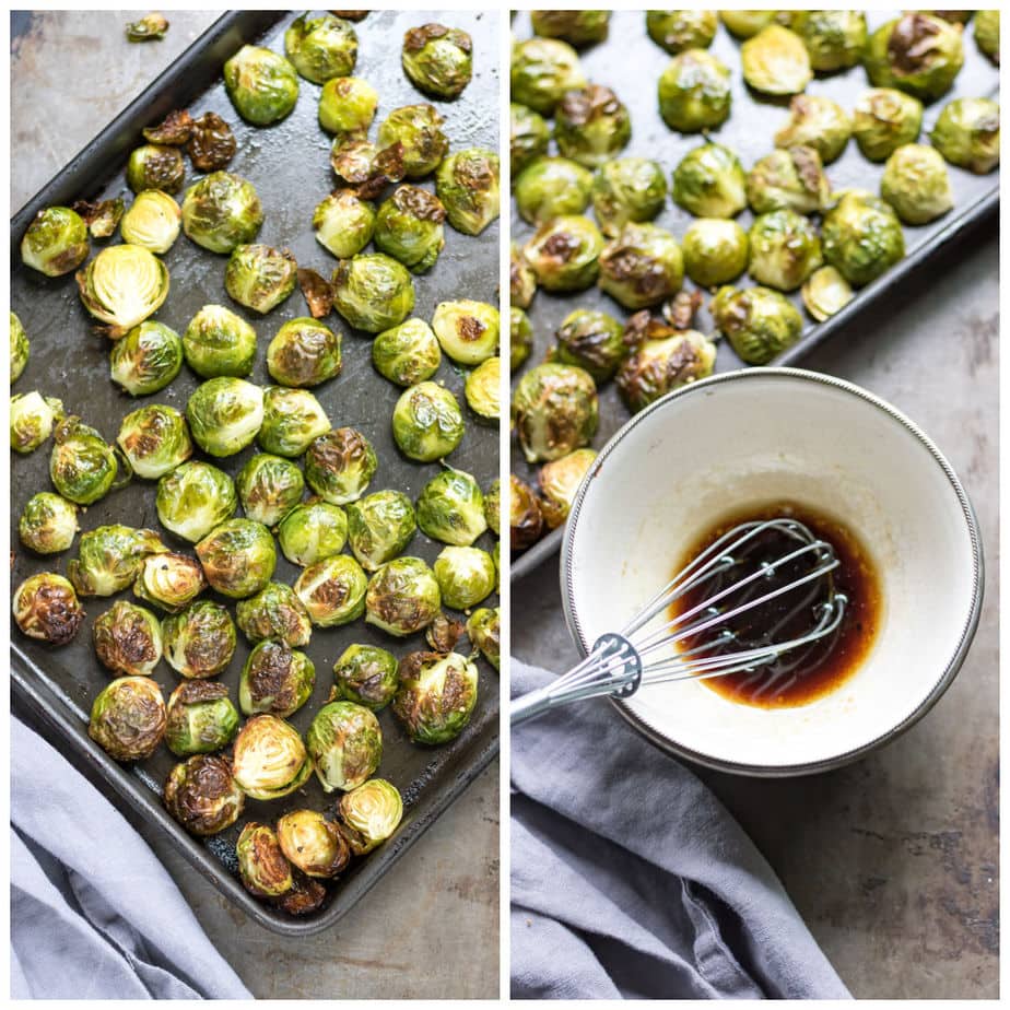 Collage: Roasted sprouts; bowl of balsamic glaze.
