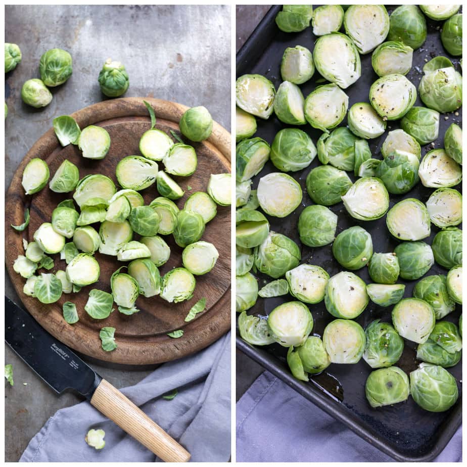 Collage: cut sprouts on cutting board; sprouts on baking sheet.