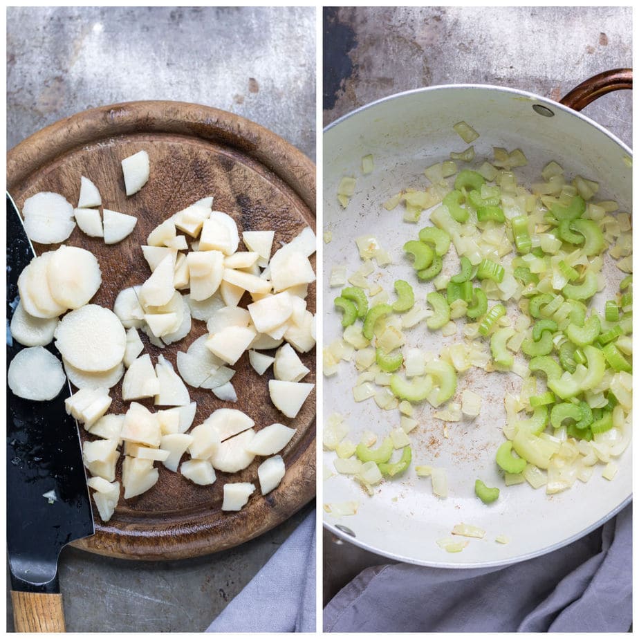 Collage: chopped water chestnuts, and pan of cooked onion and celery.