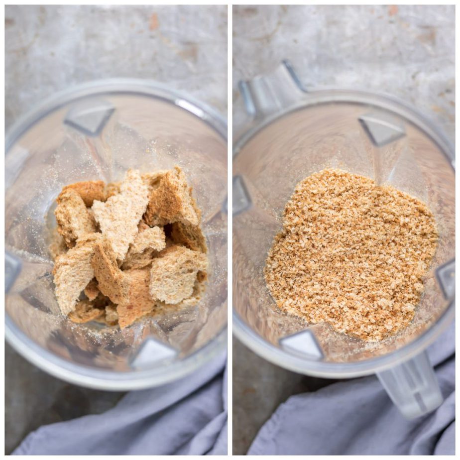 Collage: bread chunks in a blender and breadcrumbs in a blender.