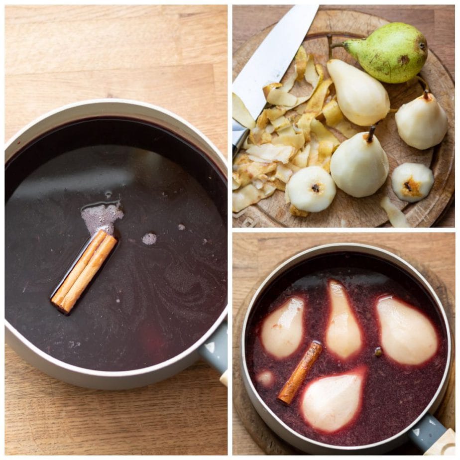 Collage with pot of wine, peeled pears and pears in wine.