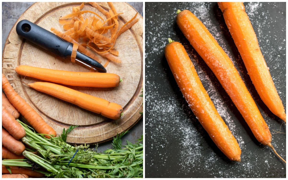 Carrots on a board and rolled in salt.