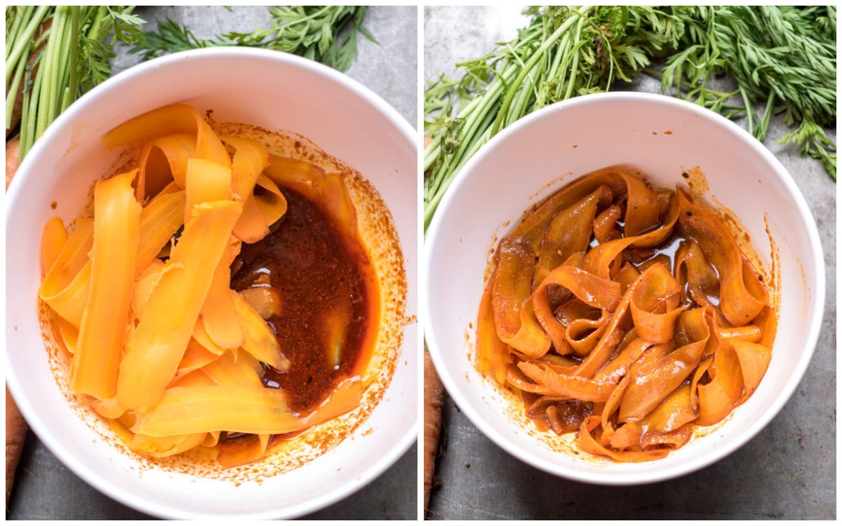 Bowl of marinade with carrot ribbons.