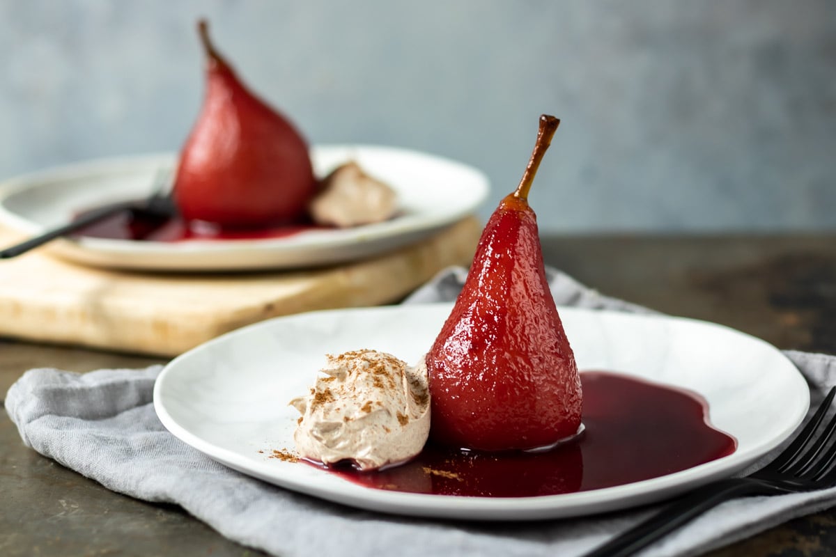 Poached Pears in Red Wine with Cinnamon Cream