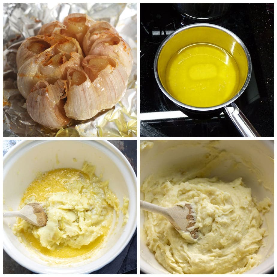 Collage: roasted garlic bulb, melted butter, butter in potatoes, mashed potatoes.