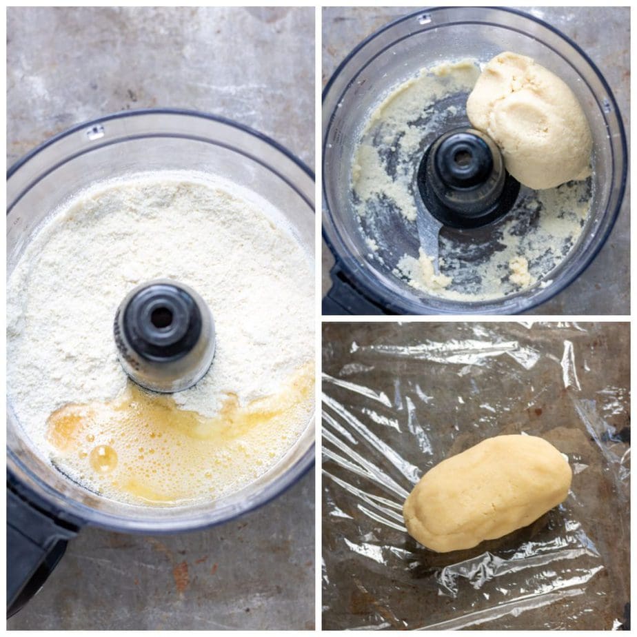 Collage: dry almond paste ingredients in food processor with egg white added. Image of the almond paste whizzed into a ball. It being wrapped.