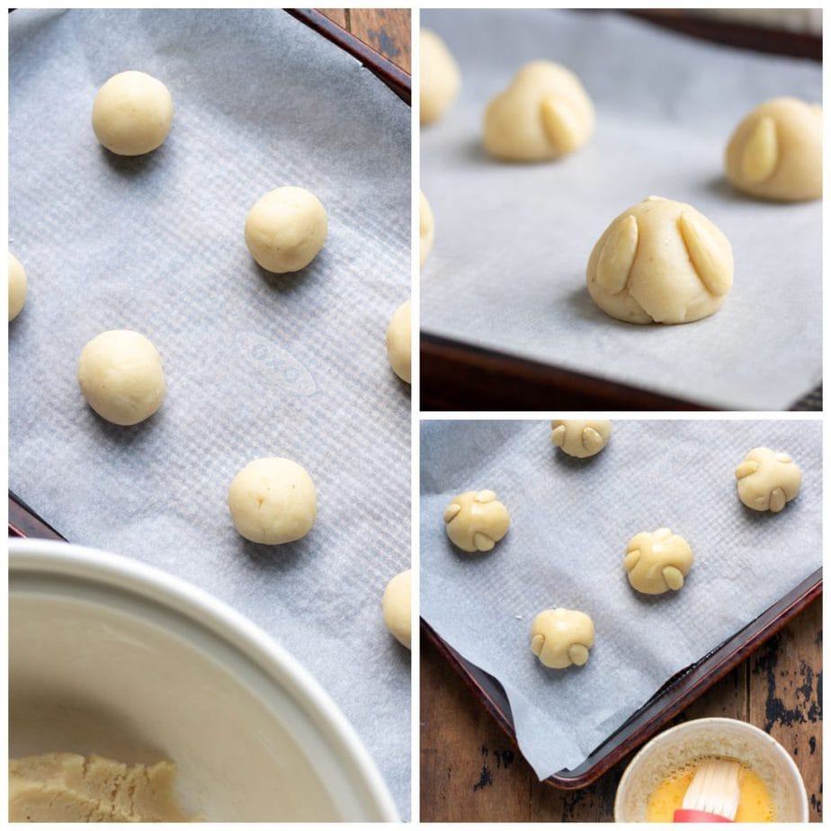Collage: 1 balls of dough, 2 almonds pressed onto the sides, 3 brushed with egg wash.