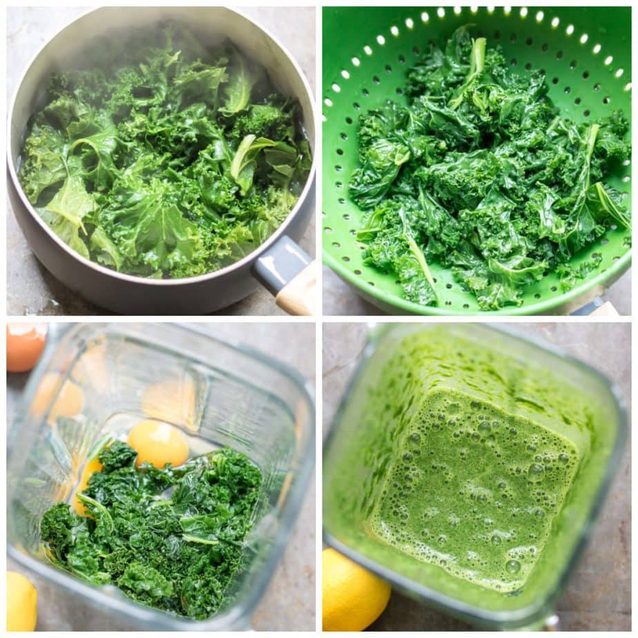 Collage: Steaming kale, pureeing in a blender with eggs.