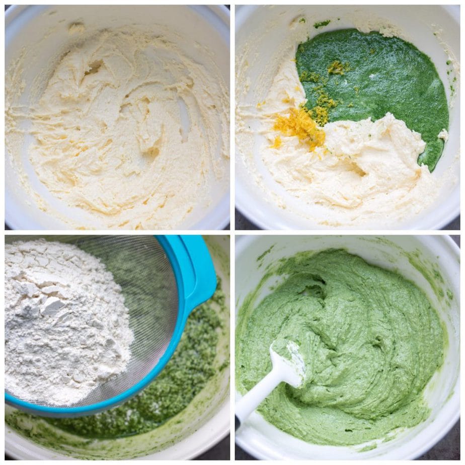 Collage: Creamed butter and sugar, kale puree added, dry ingredients sifted in.