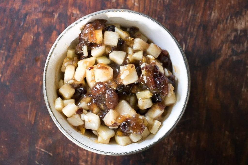 Bowl of mincemeat with chopped apple and pear.