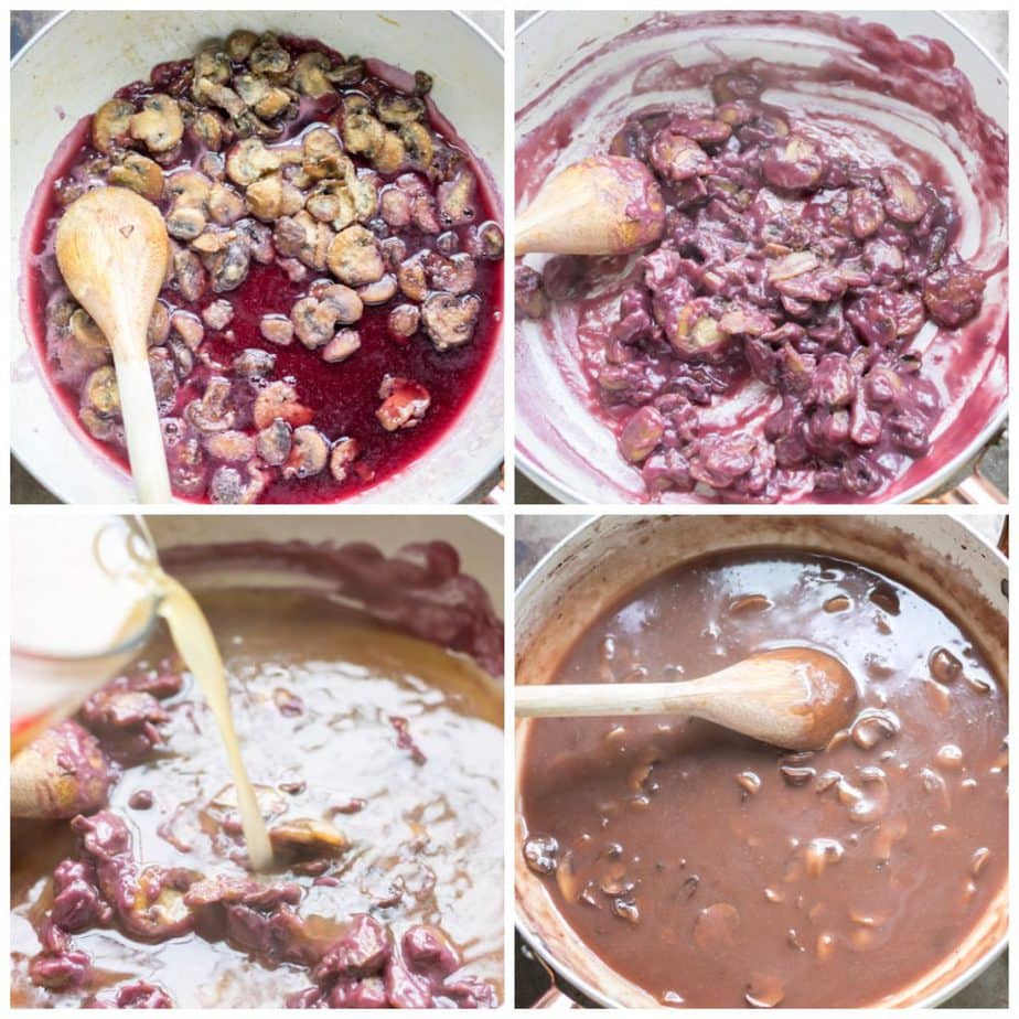 Collage: Red wine added to pan of mushrooms, stirred in, adding stock, mushroom gravy.
