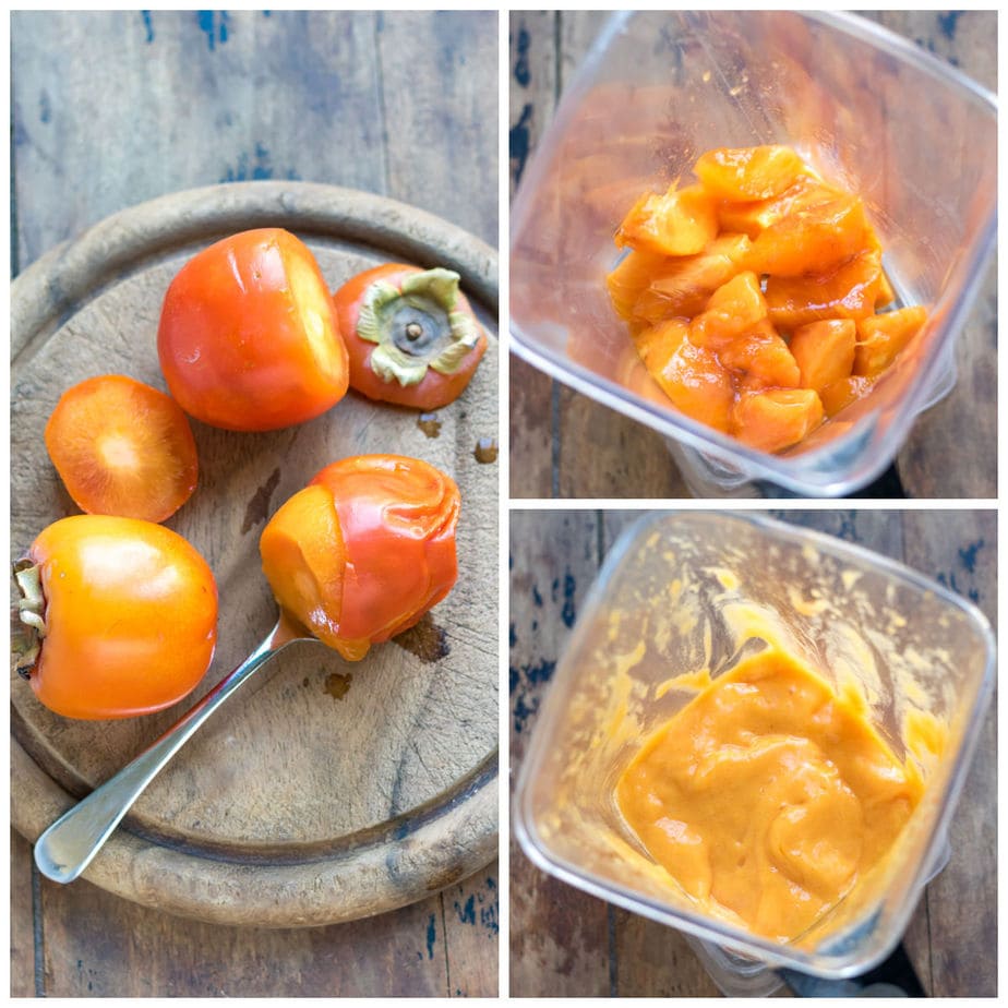 Collage: ripe persimmons, persimmon flesh in a blender, whizzed into a puree.