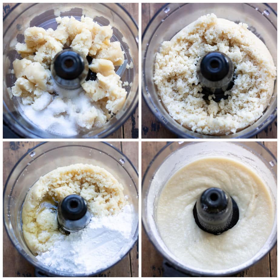 Collage of making pignoli cookies in the food processor with different stages.