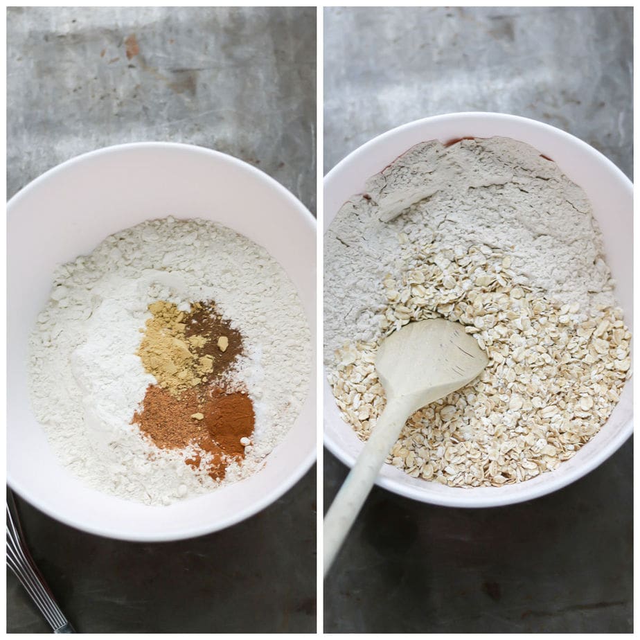 Collage: Bowl of flour and spices, bowl of it mixed with oats added.