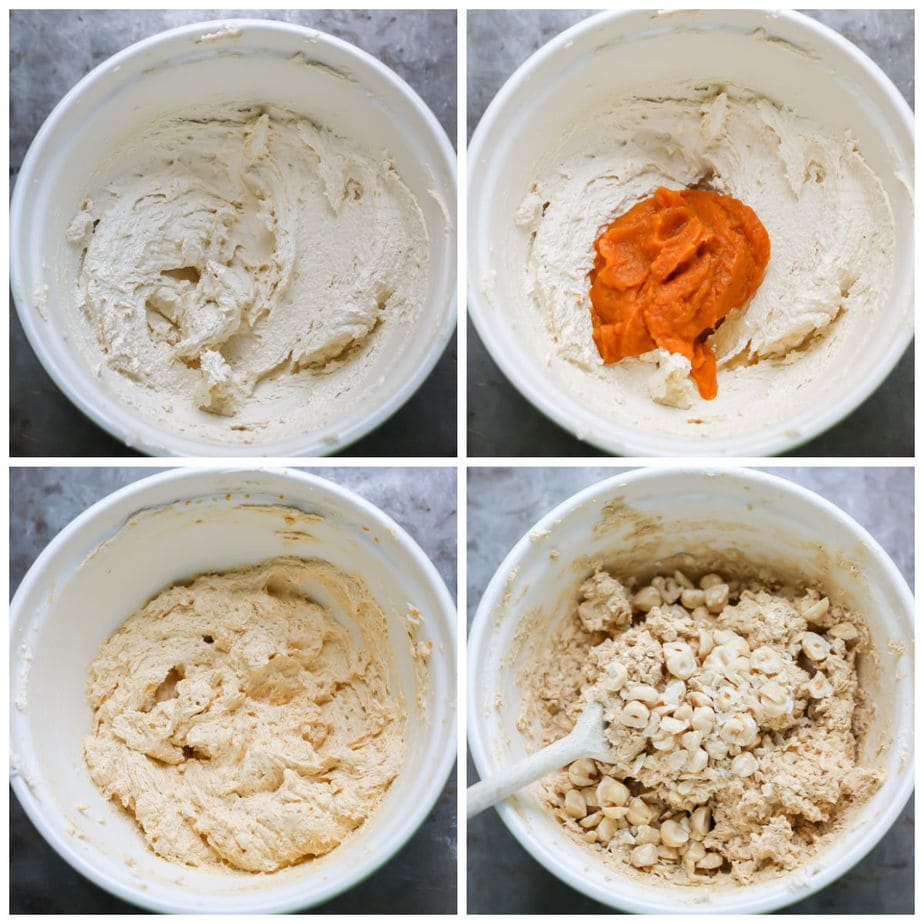 Collage: Mixing bowl of creamed butter and sugar, pumpkin added, pumpkin mixed in, hazelnuts added.