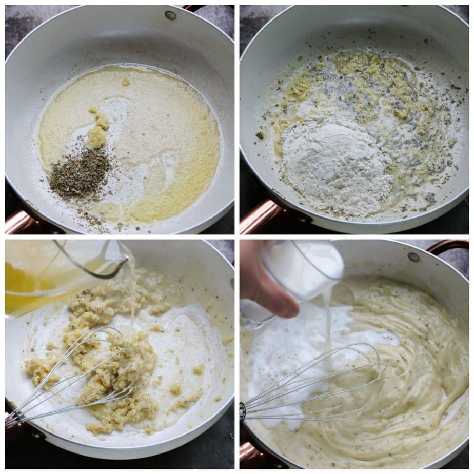 Collage: melted butter with garlic and sage, flour added, stock added, milk added.