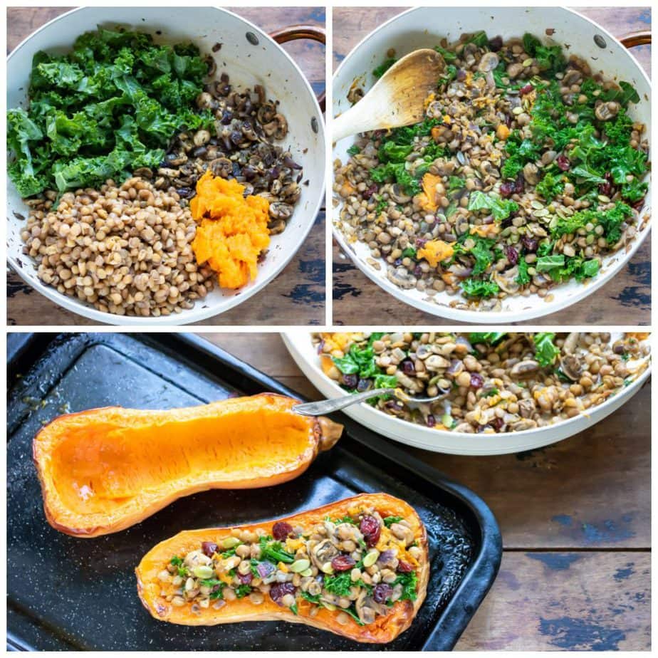 Collage: pans with filling, stuffing cooked butternut squash halves.
