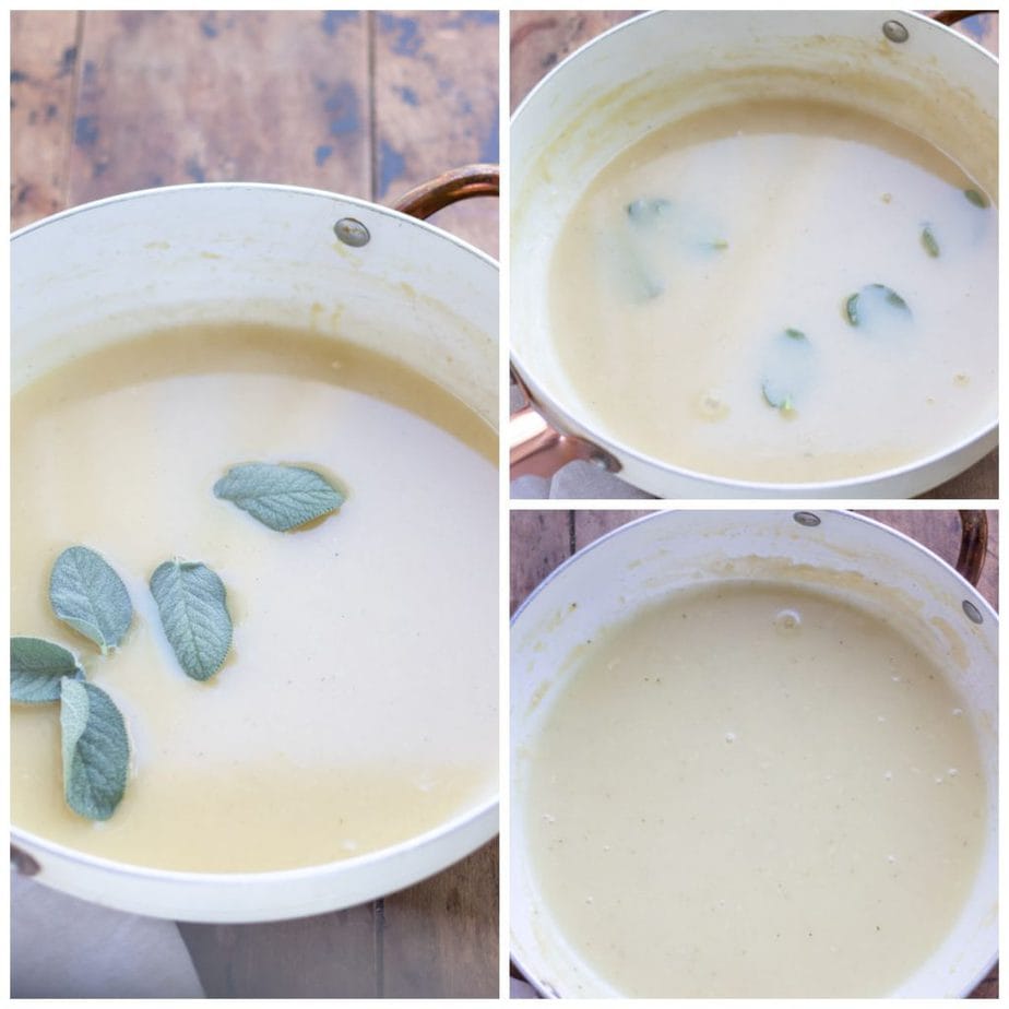 Collage: sage in gravy, being cooked, sage removed.